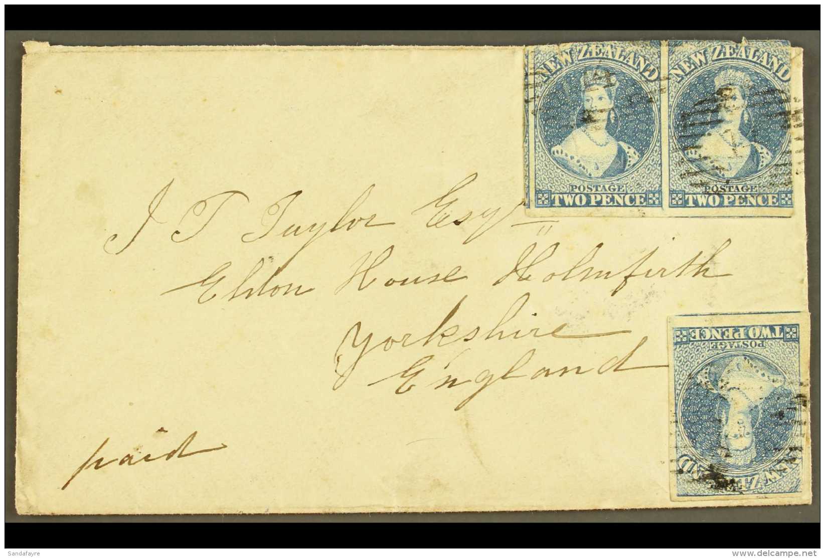 1858 (7 Jun) Env From Nelson To Huddersfield, England Bearing PAIR + Single Of The 1857-63 2d Blue Imperfs (SG 10,... - Andere & Zonder Classificatie