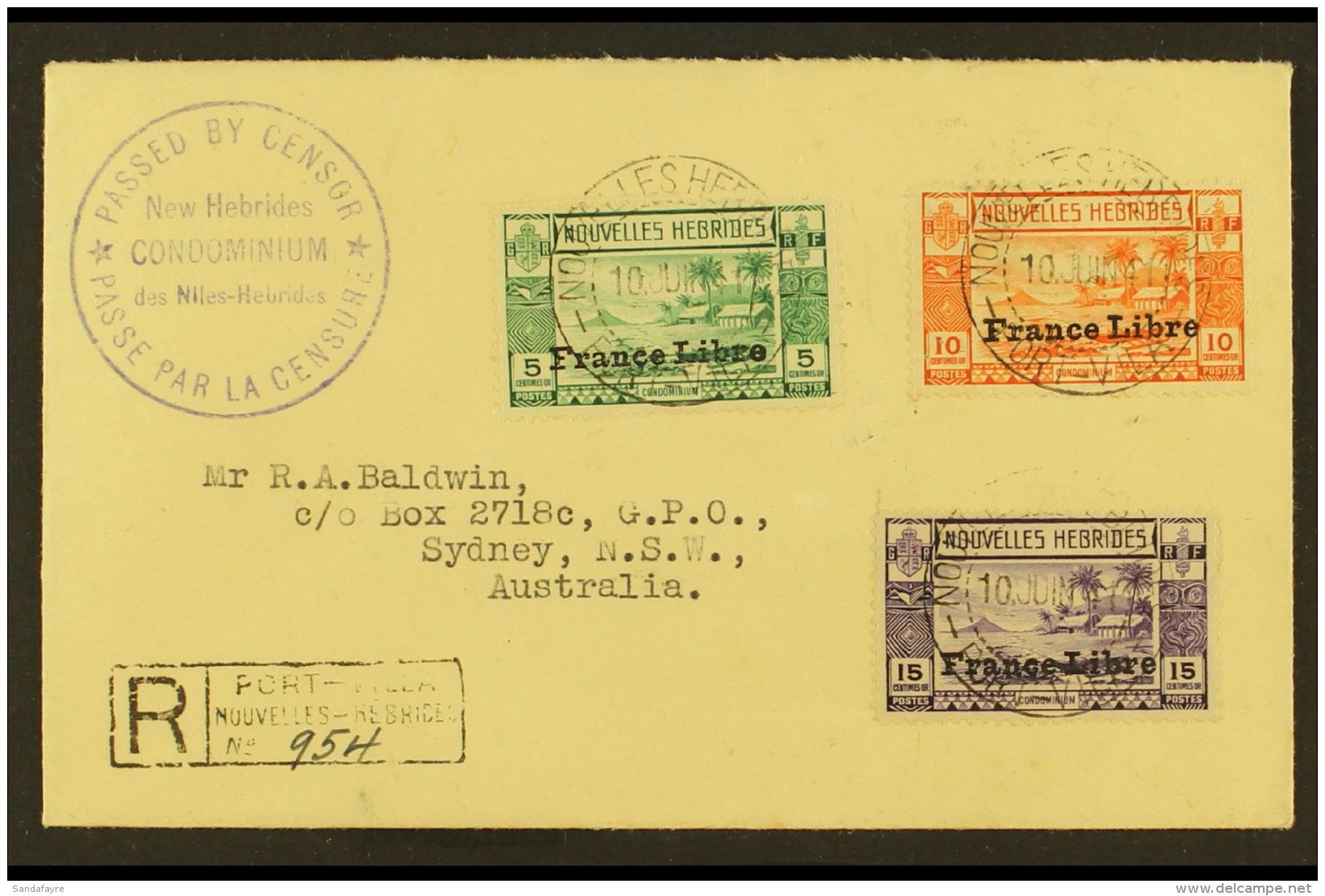 FRENCH 1941 (10 June) Registered Censored Cover To Australia Bearing 1941 5c, 10c &amp; 15c "France Libre"... - Other & Unclassified