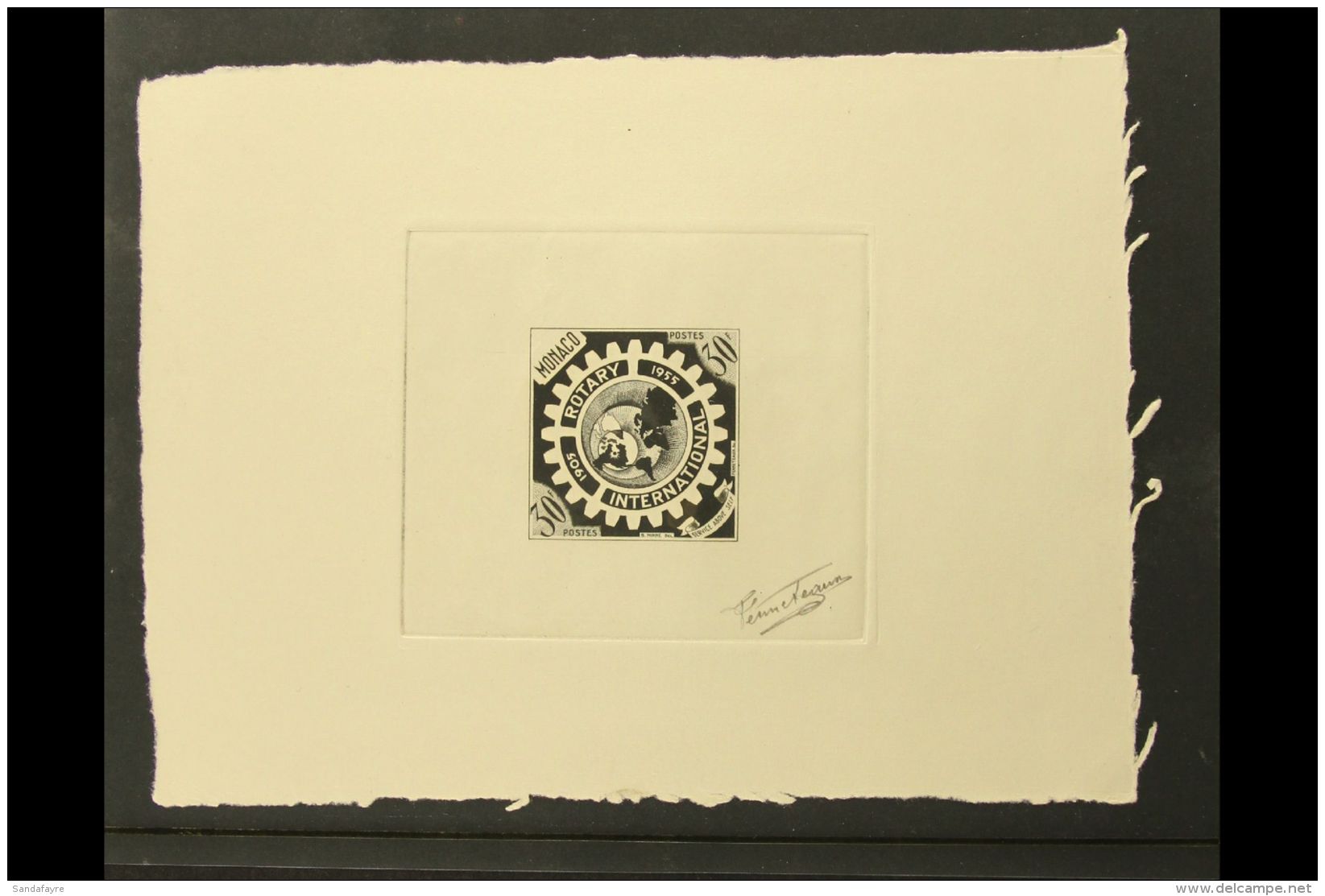 1955 50f Rotary International (as Yvert 440, SG 543) - A SUNKEN DIE PROOF In Black, Signed By The Engraver... - Autres & Non Classés