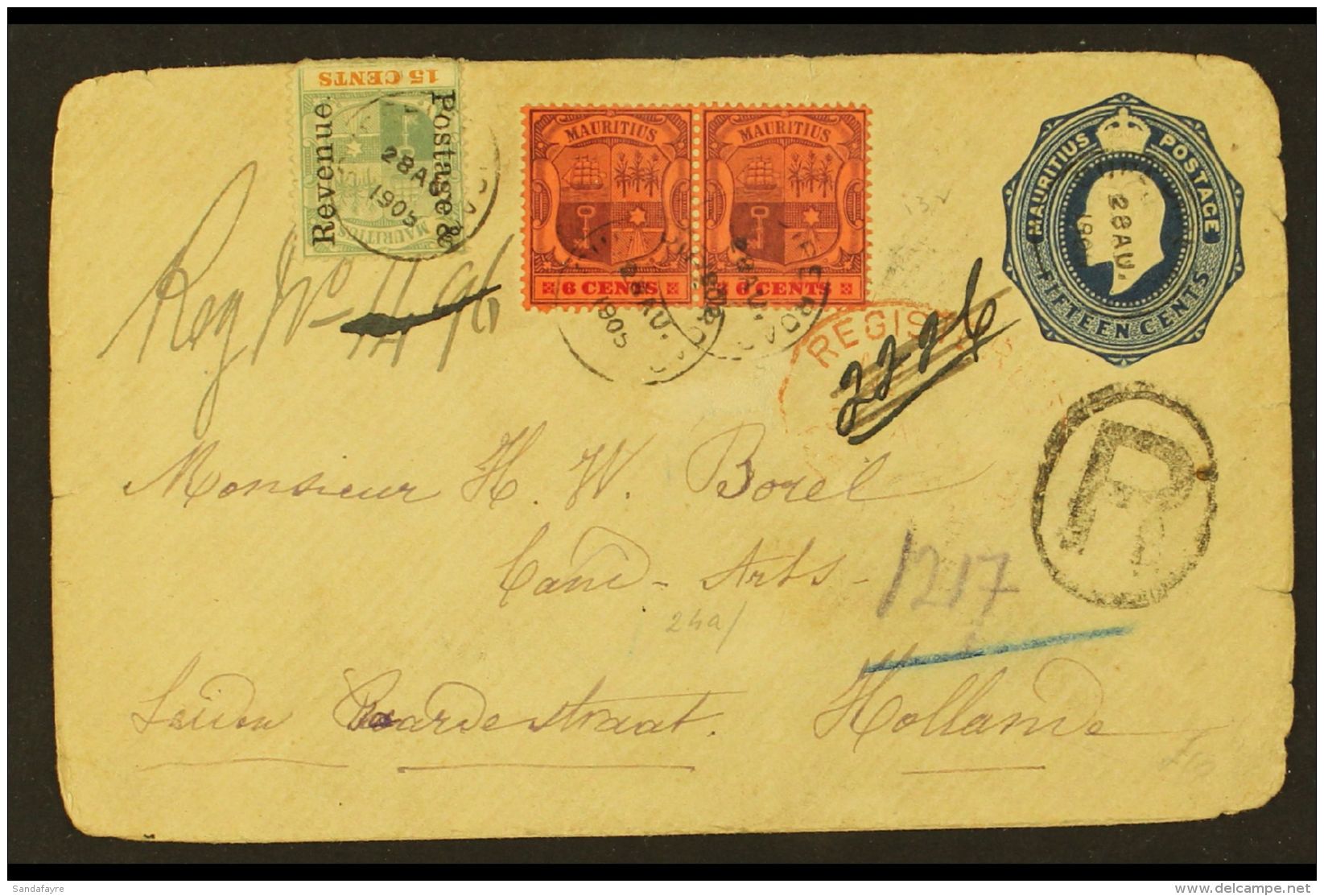 1905 (28 Aug) KEVII 15c Postal Envelope To Holland, Registered And Uprated With 1902 6c Pair Plus 15c, Tied By... - Maurice (...-1967)