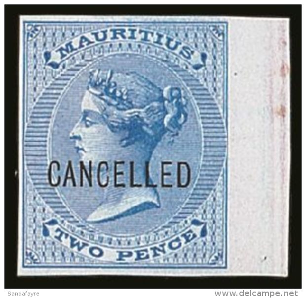 1863 2d Bright Blue De La Rue (SG 60) IMPERFORATE PROOF OPT'D "CANCELLED" On White Card With 4 Good Margins... - Mauritius (...-1967)