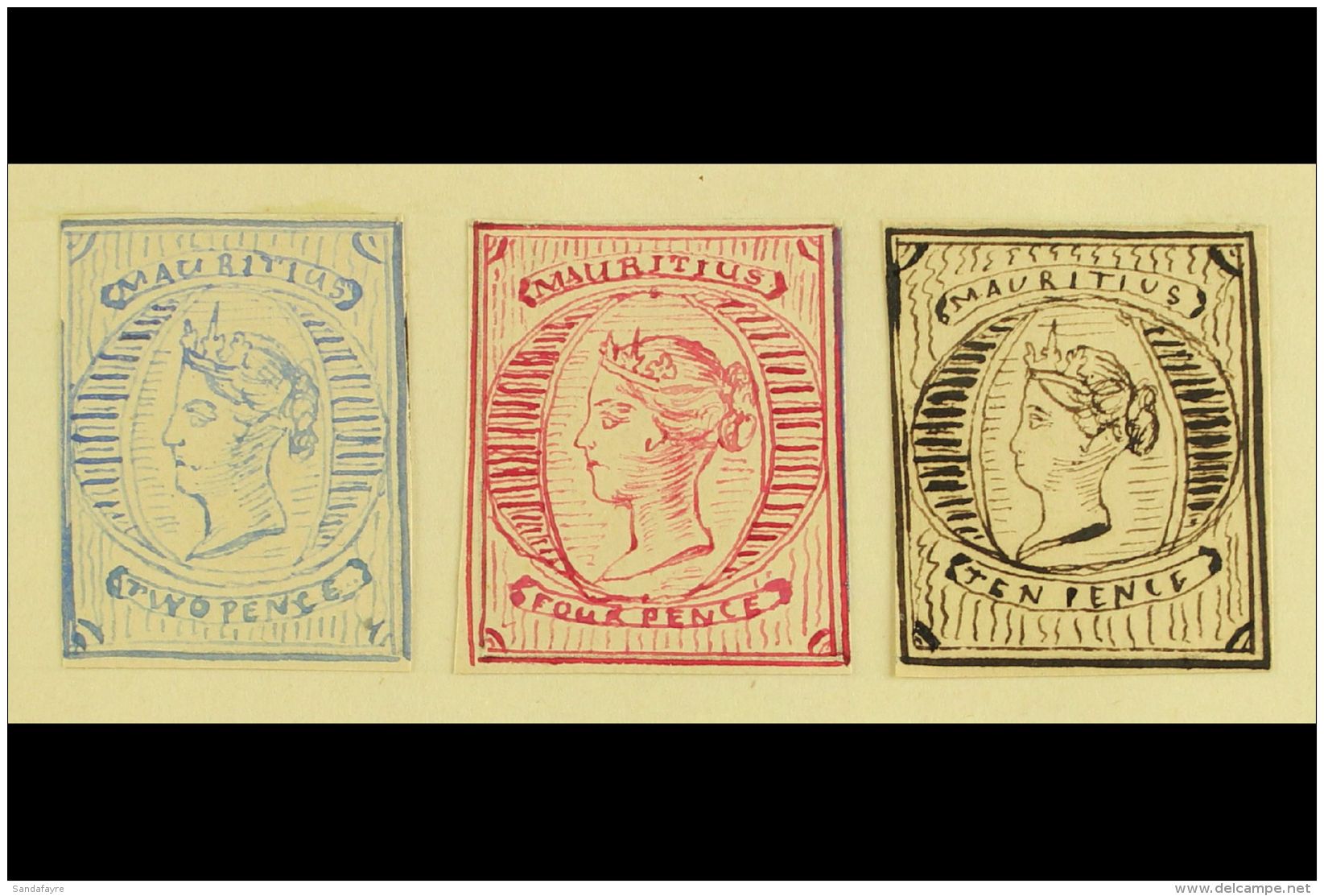 1861 HAND PAINTED STAMPS Unique Miniature Artworks Created By A French "Timbrophile" In 1861. Three Stamps With... - Mauritius (...-1967)