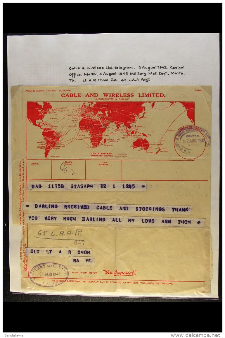 1942-43 TELEGRAMS Two Different Cable &amp; Wireless Telegrams To Military Personnel In Malta, Each With "MILITARY... - Malte (...-1964)