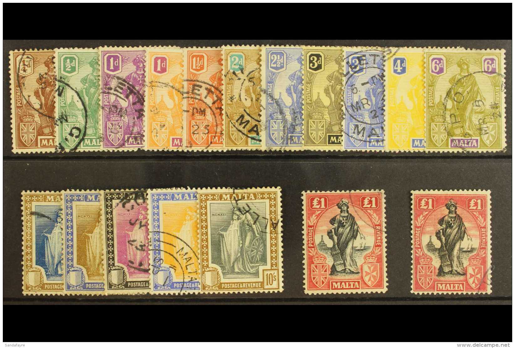 1922 "Malta" Allegory Set Complete Including Both &pound;1 Printings, SG 123/140, Very Fine And  Fresh Used. (18... - Malta (...-1964)