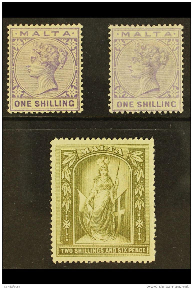 1885-90 1s Both Shades (SG 28/29), Plus 1899 2s6d (SG 34), Fine Mint. (3 Stamps) For More Images, Please Visit... - Malta (...-1964)