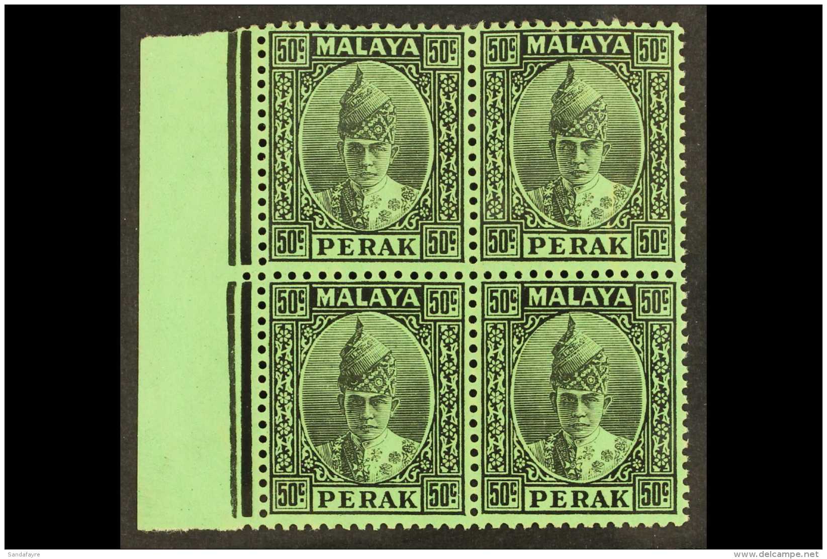 PERAK 1938-41 50c Black/emerald, SG 118, Very Fine Never Hinged Mint Left Marginal BLOCK OF FOUR. For More Images,... - Andere & Zonder Classificatie