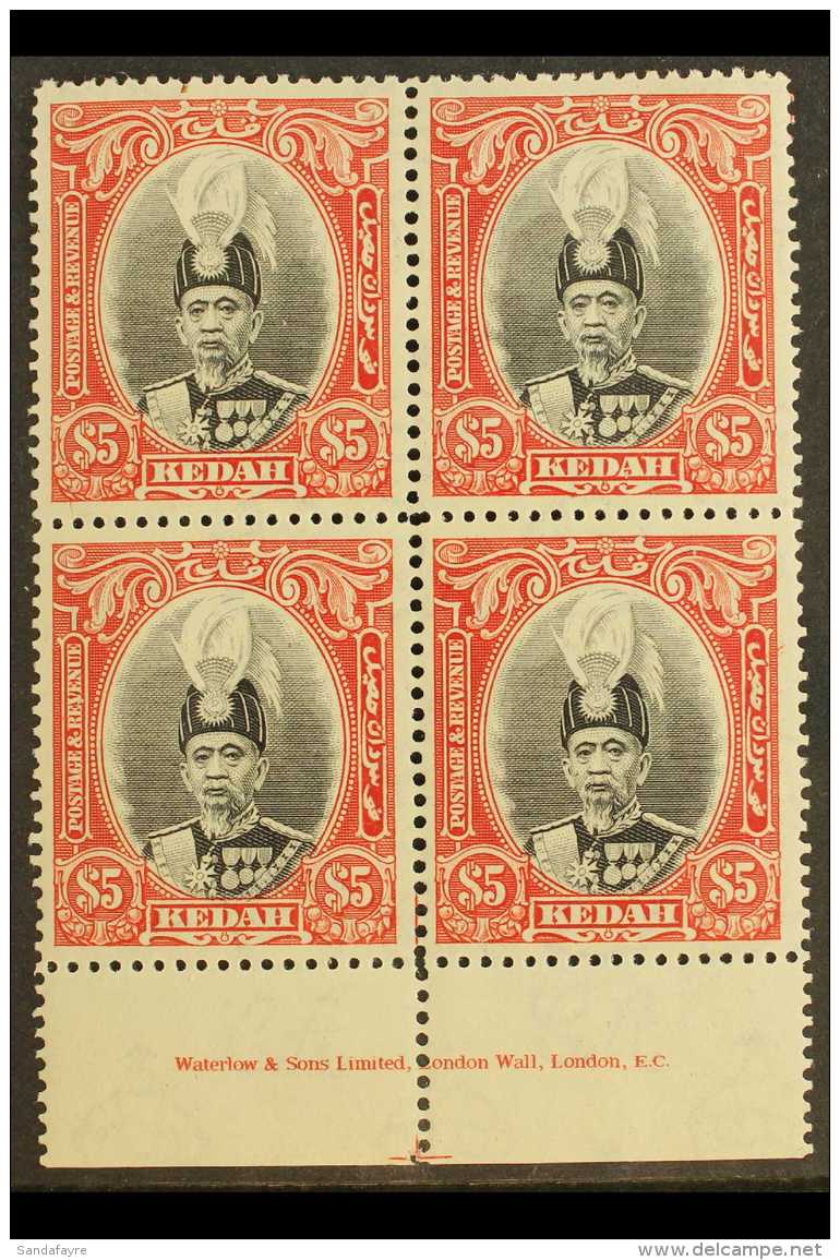 KEDAH 1937 $5 Black And Scarlet, Sultan, SG 68, Superb Never Hinged Mint Inscription Block Of 4. Lovely Piece. For... - Autres & Non Classés