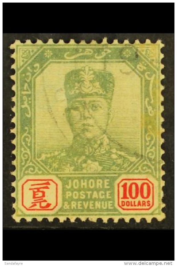 JOHORE 1904-10 $100 Green And Scarlet, SG 77, With Neat Light Cancel (presumed Fiscal), Small Thin. For More... - Other & Unclassified