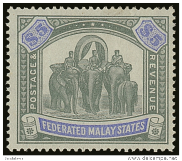 FEDERATED MALAY STATES 1900 $5 Green And Pale Ultramarine, Wmk CC, Elephants, SG 25a, Very Fine And Fresh Mint.... - Other & Unclassified