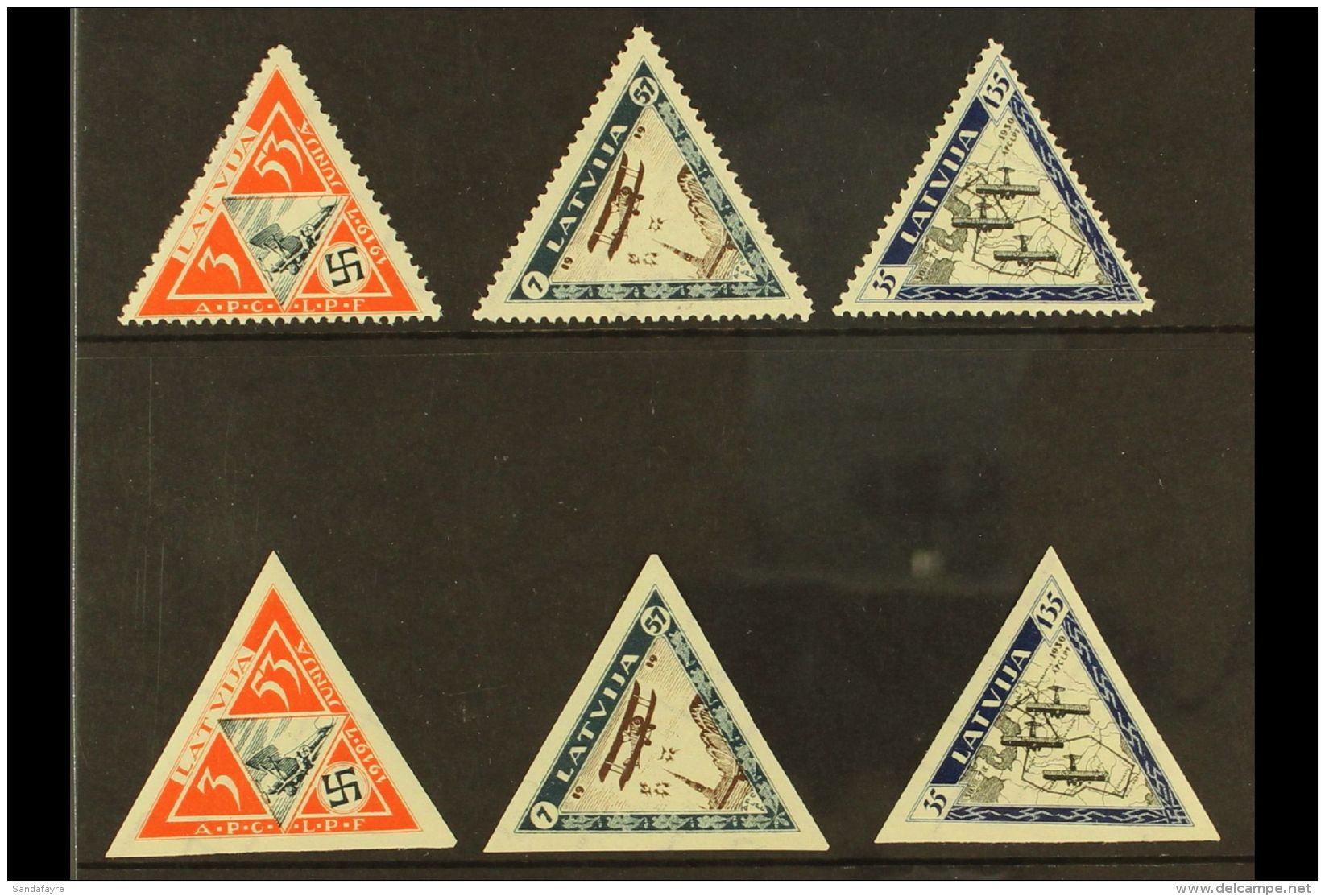 1933 Air Triangulars Complete Perf &amp; Imperf Sets (Michel 225/27 A+B, SG 240A/42B + 240B/42B), Very Fine Mint,... - Latvia