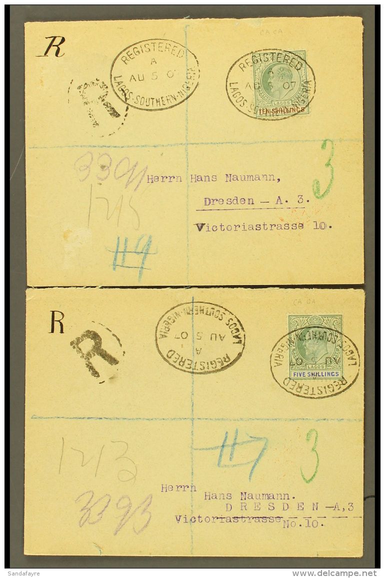 1907 (Aug) An Attractive Pair Of Philatelic Envelopes Registered To Germany, Bearing 1904-06 Ordinary Paper 5s... - Nigeria (...-1960)