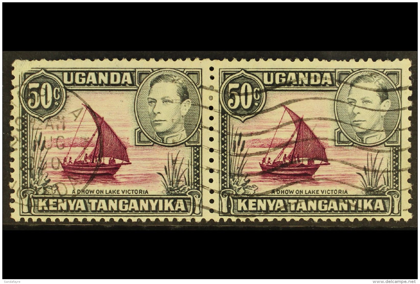 1950 50c Purple And Black, Horizontal Pair, One With Dot Removed, SG 144eb, Neatly Cancelled, Surface Scuff To... - Vide