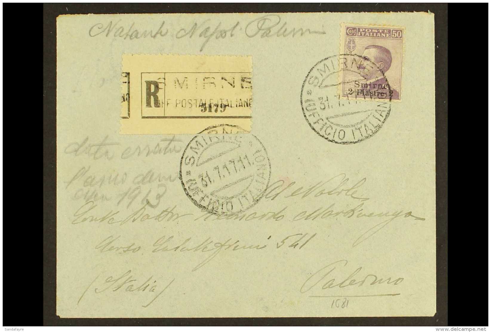 POST OFFICES IN TURKISH EMPIRE SMYRNA - 1911 Registered Cover To Palermo, Franked With 2pi On 50c Mauve, Sassone... - Andere & Zonder Classificatie