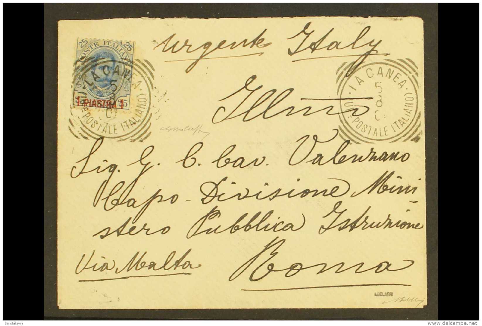POST OFFICES IN CRETE 1900 1pi On 25c Blue, Sassone 1, Used On Cover To Rome, Sent Via Malta, Cancelled By Clear... - Andere & Zonder Classificatie