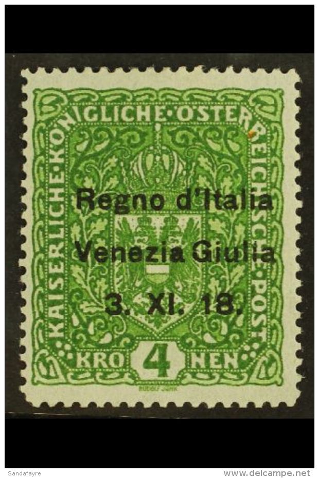 VENEZIA GIULIA 4Kr Deep Green Overprinted, Sass 17, Superb Mint With Full Rich Colour. Signed Brun. Cat &euro;1400... - Unclassified