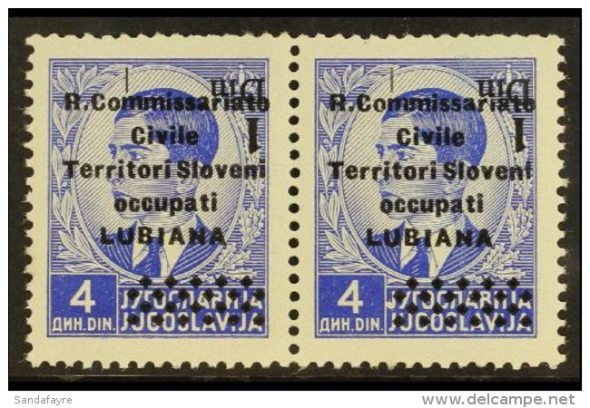 LUBIANA 1941 1d On 4d Bright Blue With INVERTED SURCHARGE Variety, Sassone 40a, Never Hinged Mint Horizontal PAIR,... - Unclassified