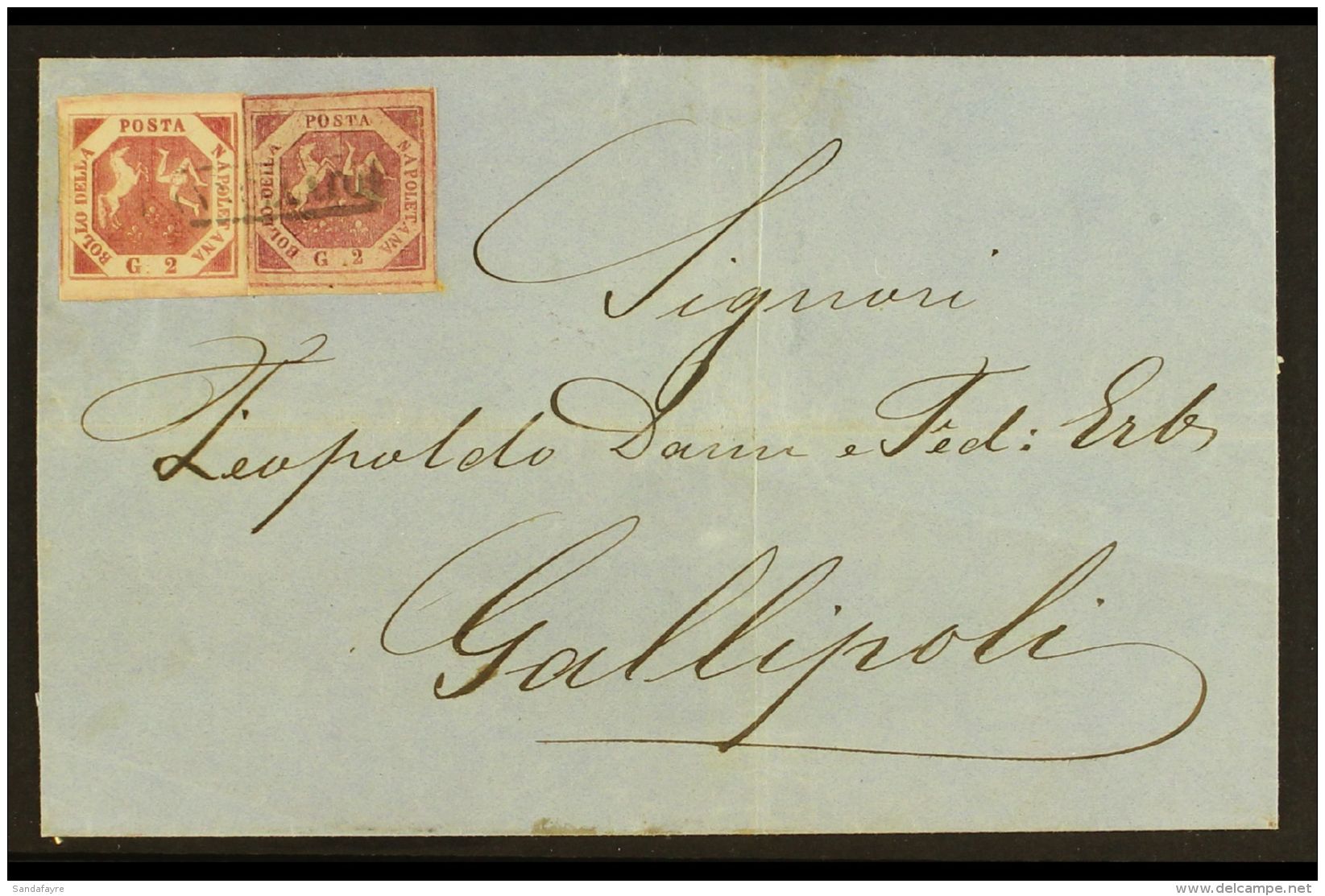 NAPLES 1859 - 61 POSTAL FORGERIES 1860 Cover To Gallipoli Franked 2gr Brown Rose, Plate III In Combination With 2g... - Non Classés