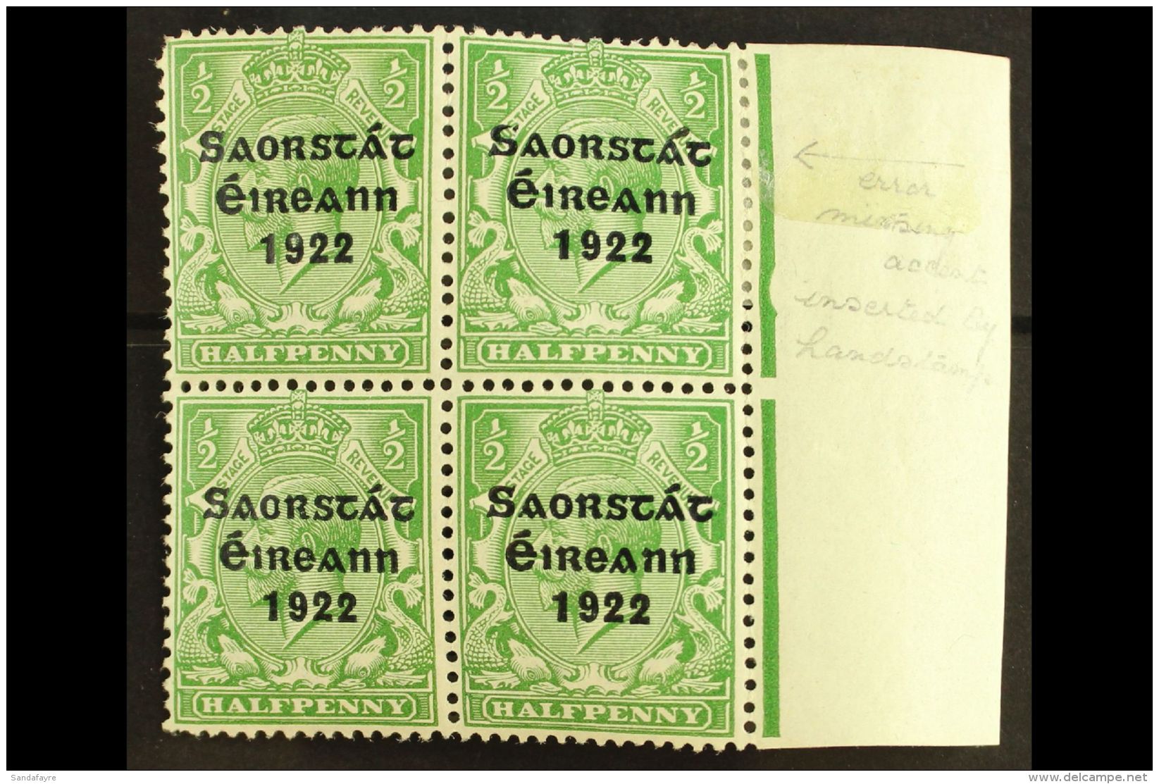 1922-23 SAORSTAT &frac12;d Green, Right Marginal Block Of Four, One Showing Accent Inserted By Hand, SG 52b, Fresh... - Other & Unclassified