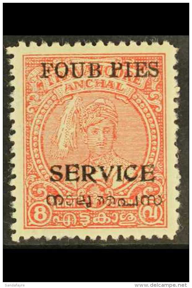 TRAVANCORE-COCHIN OFFICIALS 1949-51 4p On 8ca Carmine, Perf 12&frac12;, Variety "FOUB" For "FOUR", SG O10a, Very... - Other & Unclassified