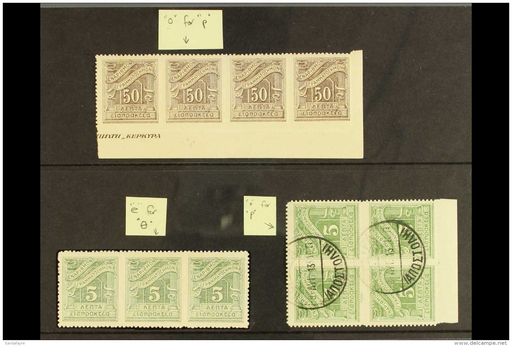 POSTAGE DUE VARIETIES 1913-26 Zig-zag Roulette 50L Brown NHM Lower Corner Strip Of Four One Showing "o For P"... - Sonstige & Ohne Zuordnung