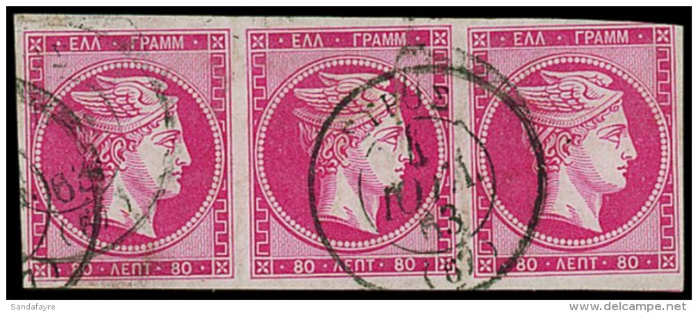 1861-62 FINE ATHENS PRINTING 80L Deep Rose, SG15B , (Vlastos 20), Scarce Horizontal Strip Of Three With Neat 1863... - Other & Unclassified