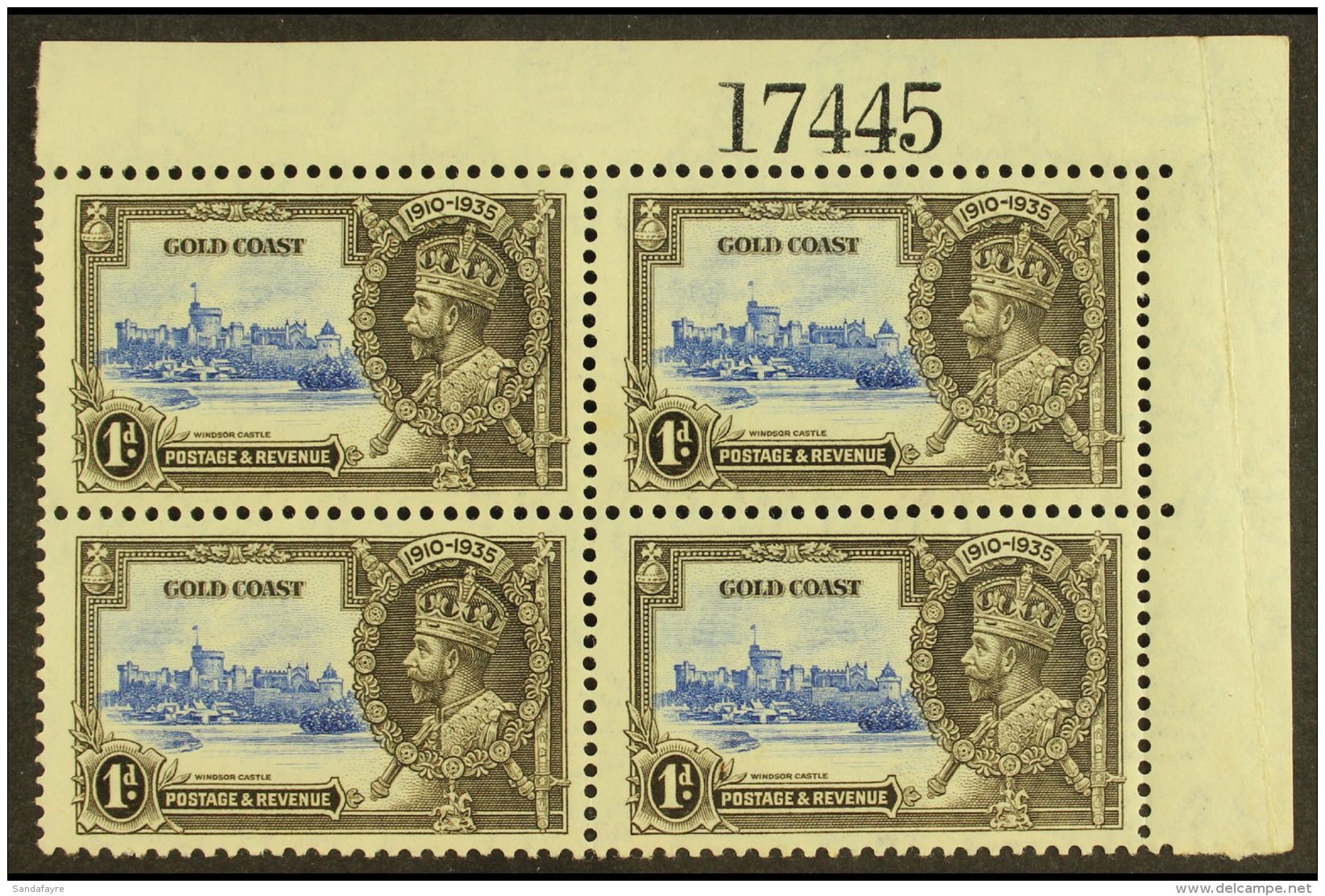 1935 1d Ultramarine And Grey Black Silver Jubilee, Corner Plate Block Of 4, Variety "Lightning Conductor", SG... - Côte D'Or (...-1957)