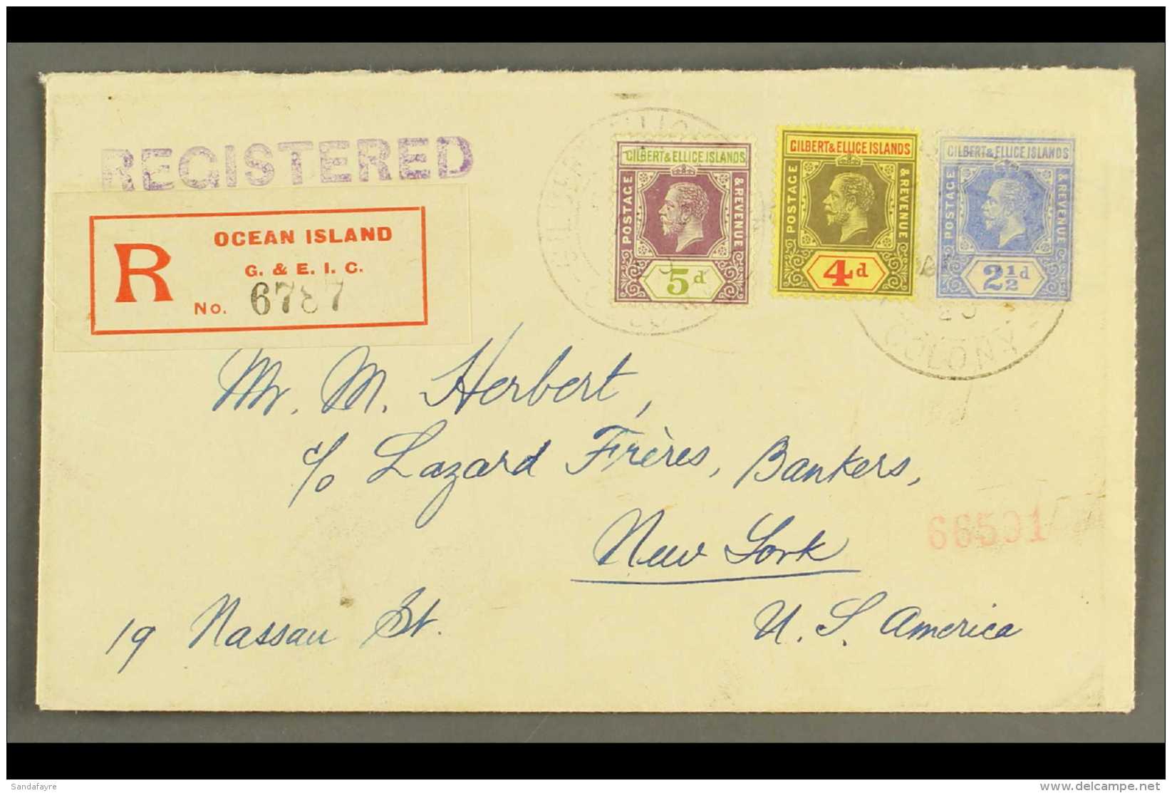 OCEAN ISLAND 1920 Registered Cover To USA, Bearing KGV 2&frac12;d, 4d &amp; 5d, Cancelled With "G.P.O. Ocean... - Îles Gilbert Et Ellice (...-1979)
