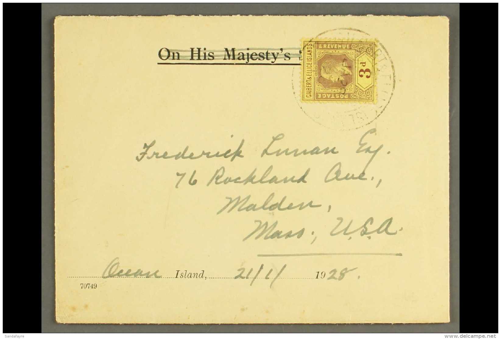 OCEAN ISLAND 1928 O.H.M.S. (crossed Out) Cover To USA, Bearing KGV 3d (foreign Rate), Cancelled With Ocean Island... - Gilbert & Ellice Islands (...-1979)