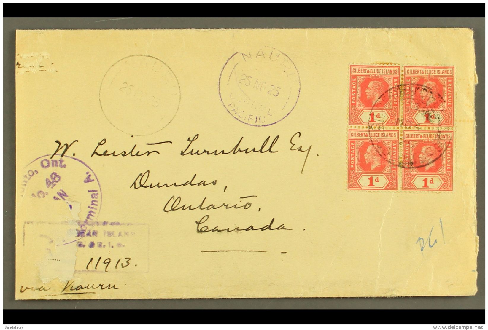 1925 (4 Nov) Registered Cover To Canada, Bearing 1912-24 1d Block Of 4 Cancelled By "Gilbert &amp; Ellice Islands... - Îles Gilbert Et Ellice (...-1979)