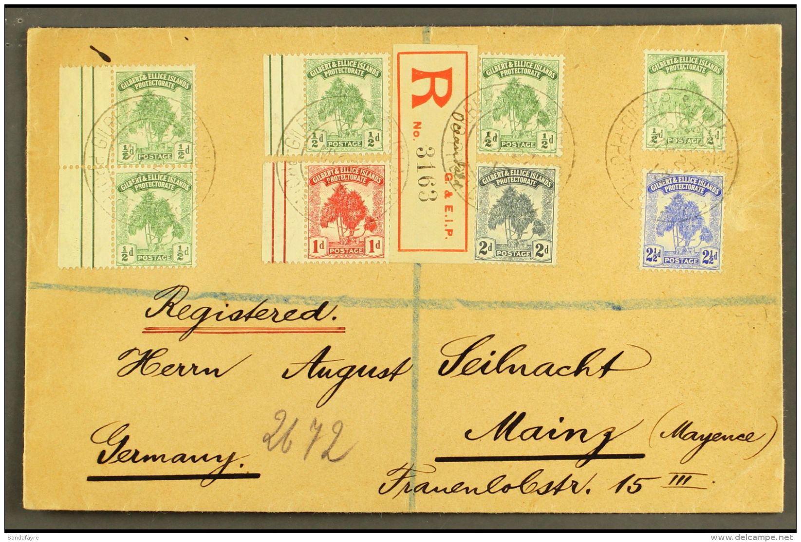 1913 (27 May) Registered Cover To Germany, Bearing 1911 Pine Set, Plus Additional Four &frac12;d Stamps, Tied By... - Gilbert- En Ellice-eilanden (...-1979)