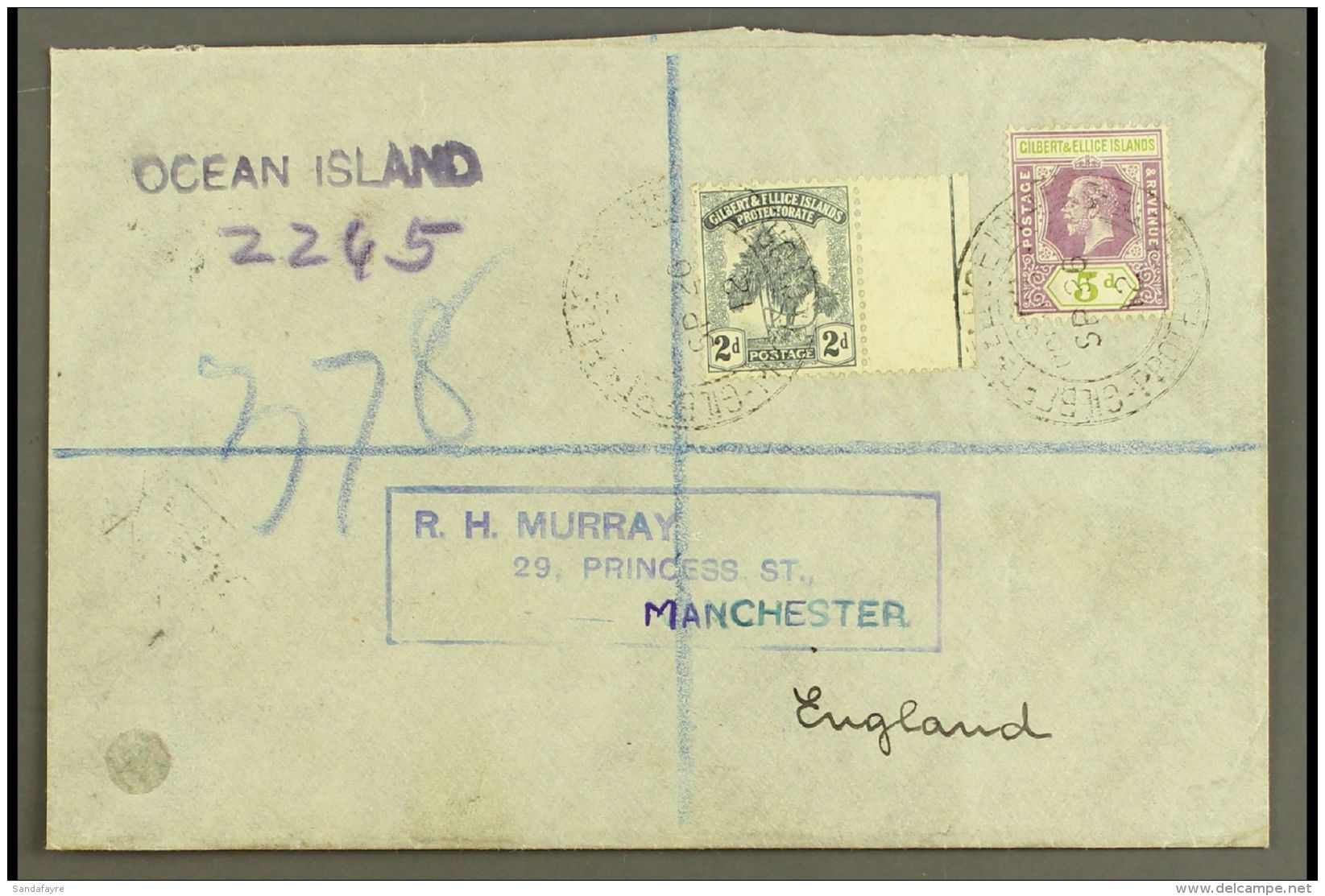 1912 (26 Sep) Registered Cover To England, Bearing 2d Pine &amp; 5d KGV Stamps Tied By "GPO Ocean Island" Cds's,... - Gilbert & Ellice Islands (...-1979)
