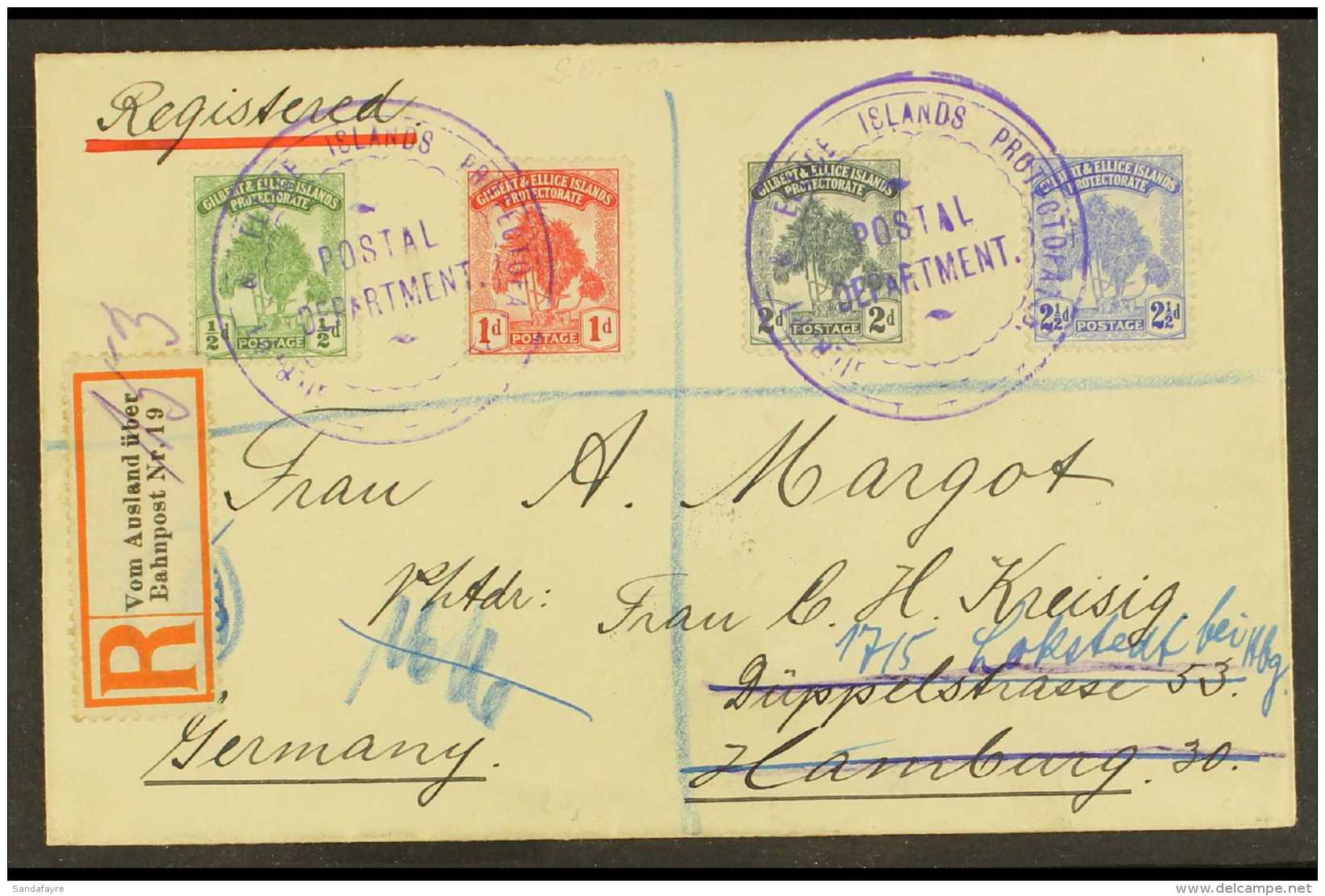 1911 Pandanus Pine Complete Set (SG 8/11) On Registered Re-directed Cover Addressed To Germany, Stamps Tied By... - Îles Gilbert Et Ellice (...-1979)