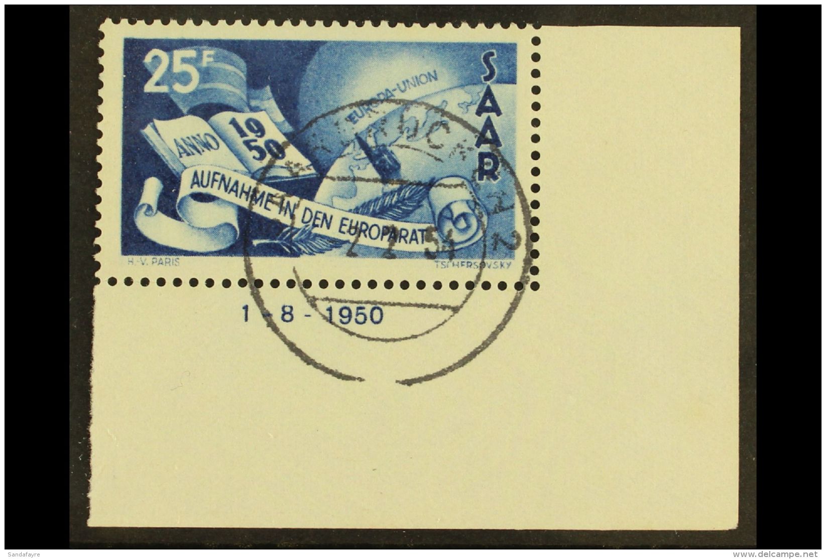 1950 25f Blue Council Of Europe Lower Right Corner Example With '1.8. 1950' Date, Michel 297 Br, Very Fine Cds... - Andere & Zonder Classificatie