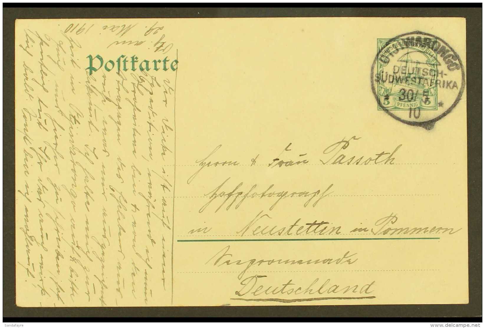 SOUTH WEST AFRICA 1910 (30 May) 5pf Postal Stationery Card Addressed To Germany, Cancelled By "Otjiwarongo" Cds,... - Other & Unclassified
