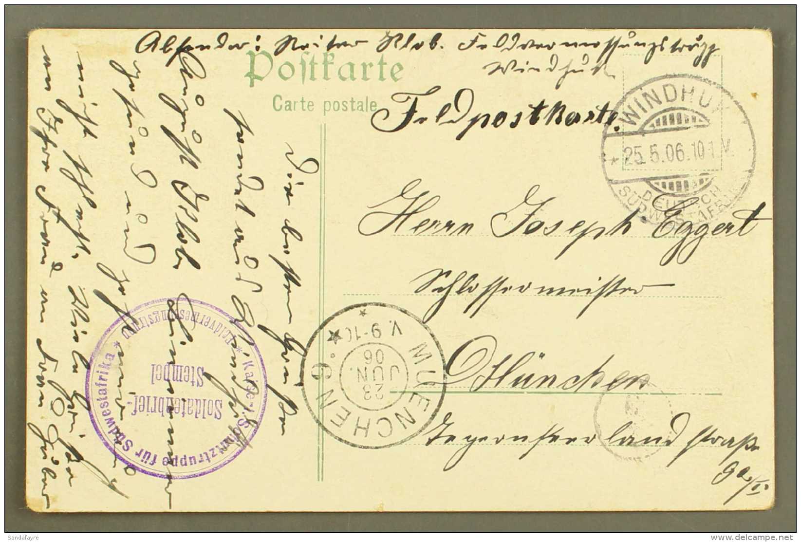 SOUTH WEST AFRICA 1906 (25 May) Stampless Feldpost Picture Postcard Addressed To Germany, Bearing "Windhuk" Cds,... - Autres & Non Classés