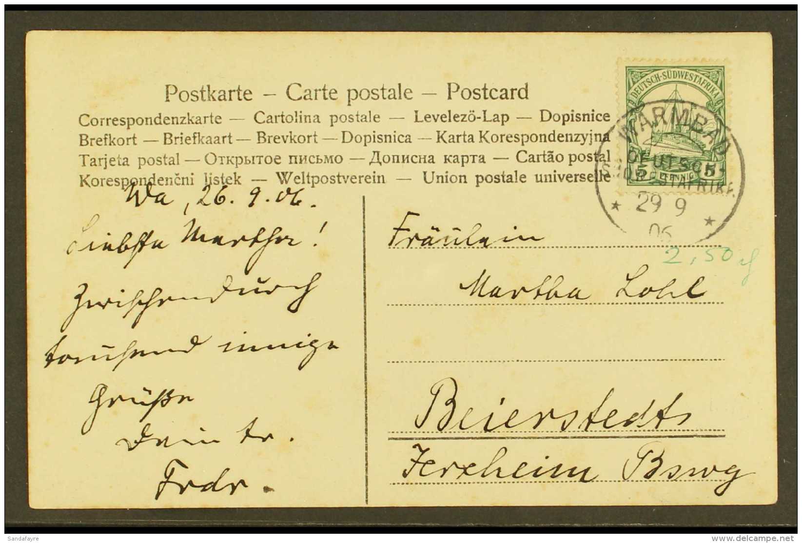 SOUTH WEST AFRICA 1906 (29 Sept) Picture Postcard Addressed To Germany, Bearing 1901 5pf Stamp Tied By "Warmbad"... - Other & Unclassified