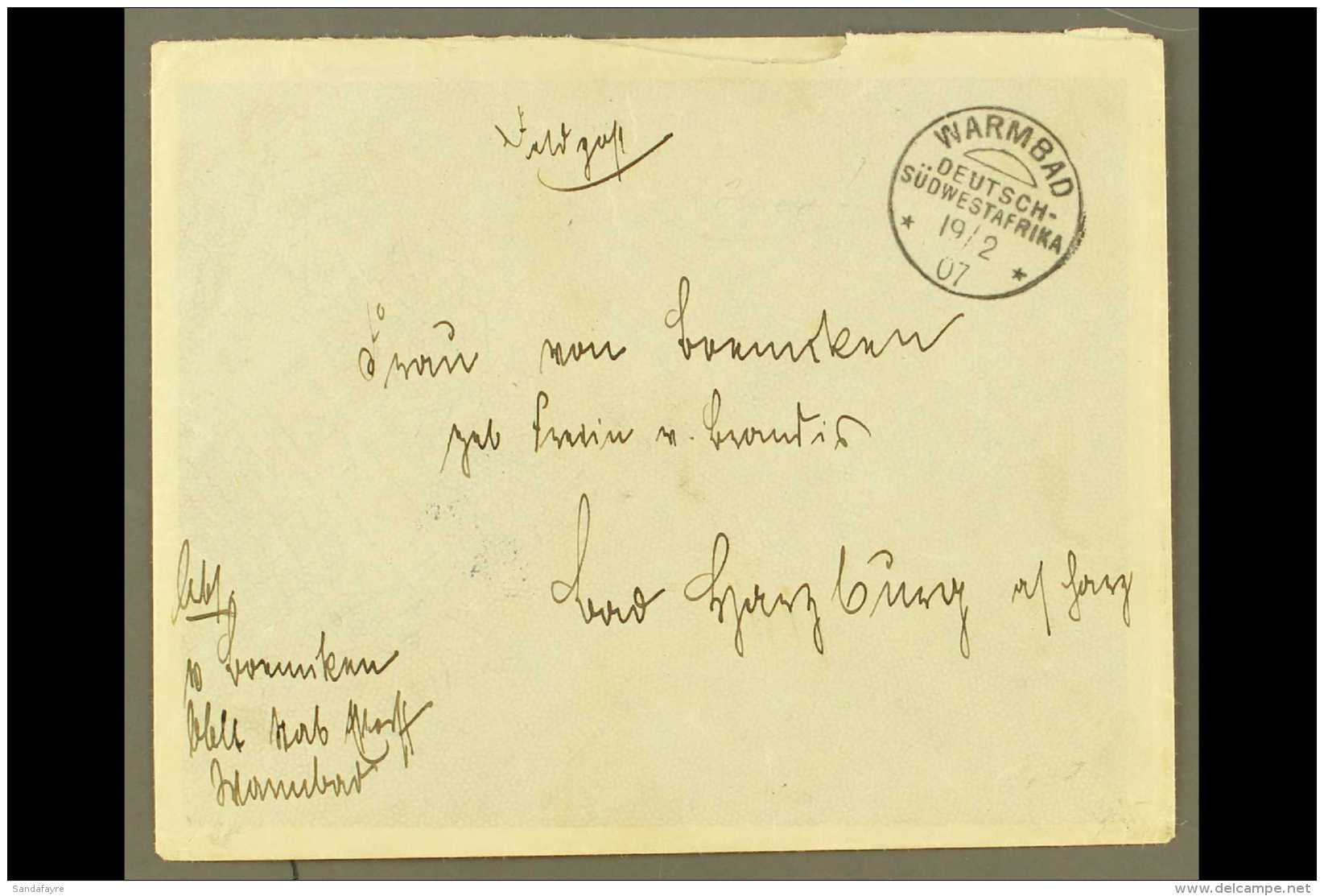 SOUTH WEST AFRICA 1907 (19 Feb) Stampless Feldpost Cover Addressed To Germany, Bearing "Warmbad" Cds, Plus Arrival... - Other & Unclassified