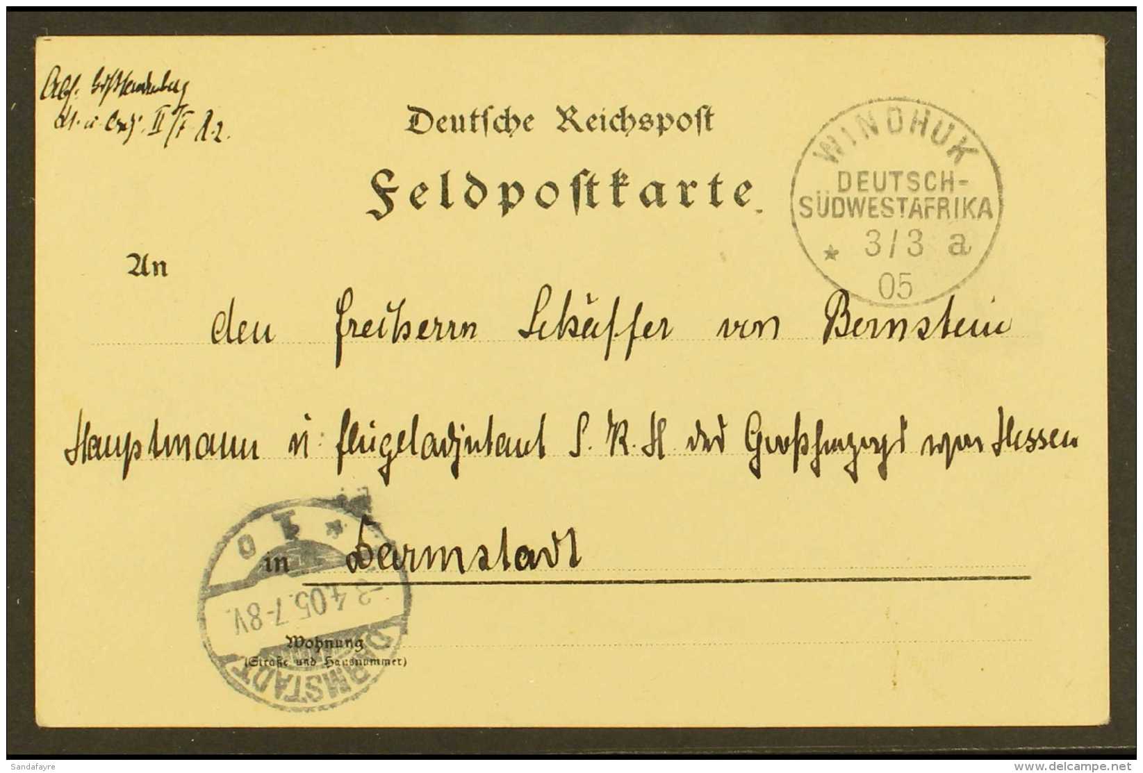 SOUTH WEST AFRICA 1905 (3 March) Stampless Printed Feldpost Card Addressed To Germany, Bearing "Windhuk" Cds, Plus... - Other & Unclassified