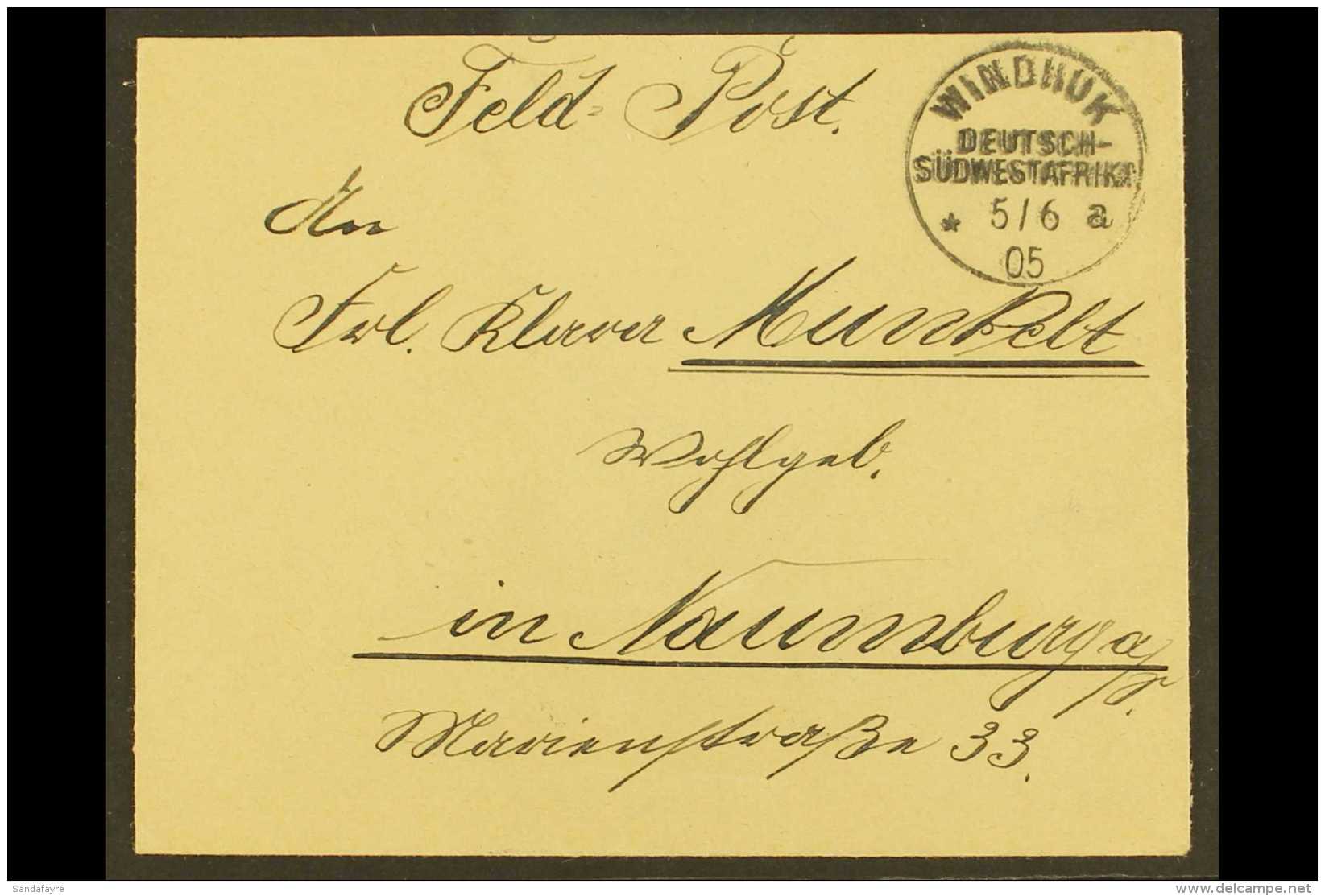 SOUTH WEST AFRICA 1905 (5 June) Stampless Feldpost Cover Addressed To Germany, Bearing "Windhuk" Cds, Plus Arrival... - Andere & Zonder Classificatie