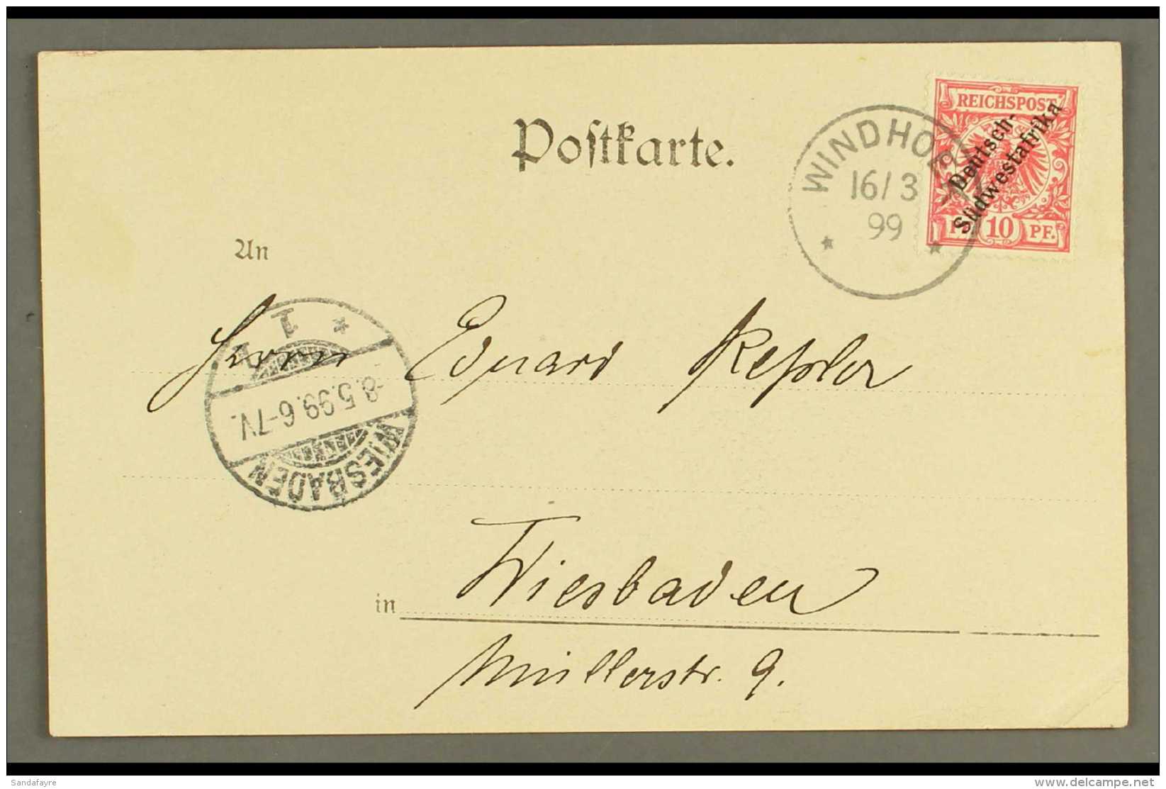 SOUTH WEST AFRICA 1899 (16 Mar) Picture Postcard To Germany Bearing 10pf Diagonal Opt Tied By Very Fine "WINDHOEK"... - Other & Unclassified