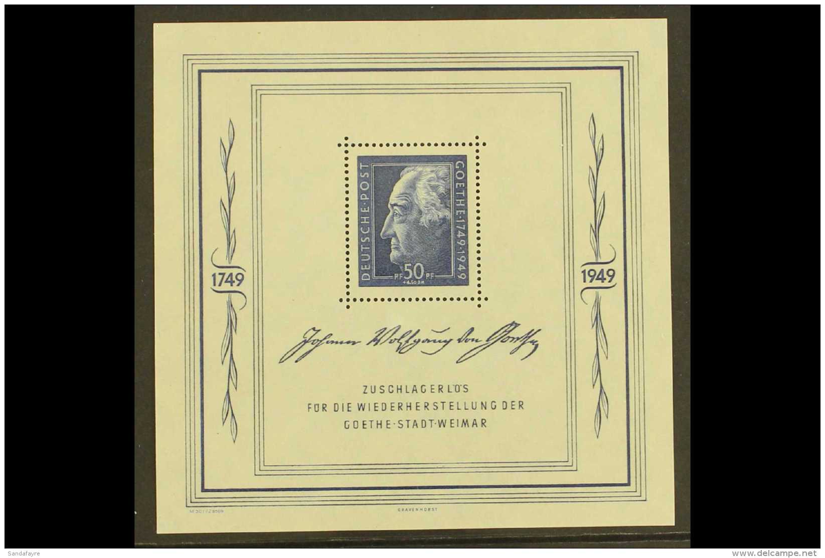 RUSSIAN ZONE - GENERAL ISSUES 1949 Goethe Miniature Sheet, Mi Block 6 (SG MSR59a), Very Fine Never Hinged Mint.... - Other & Unclassified