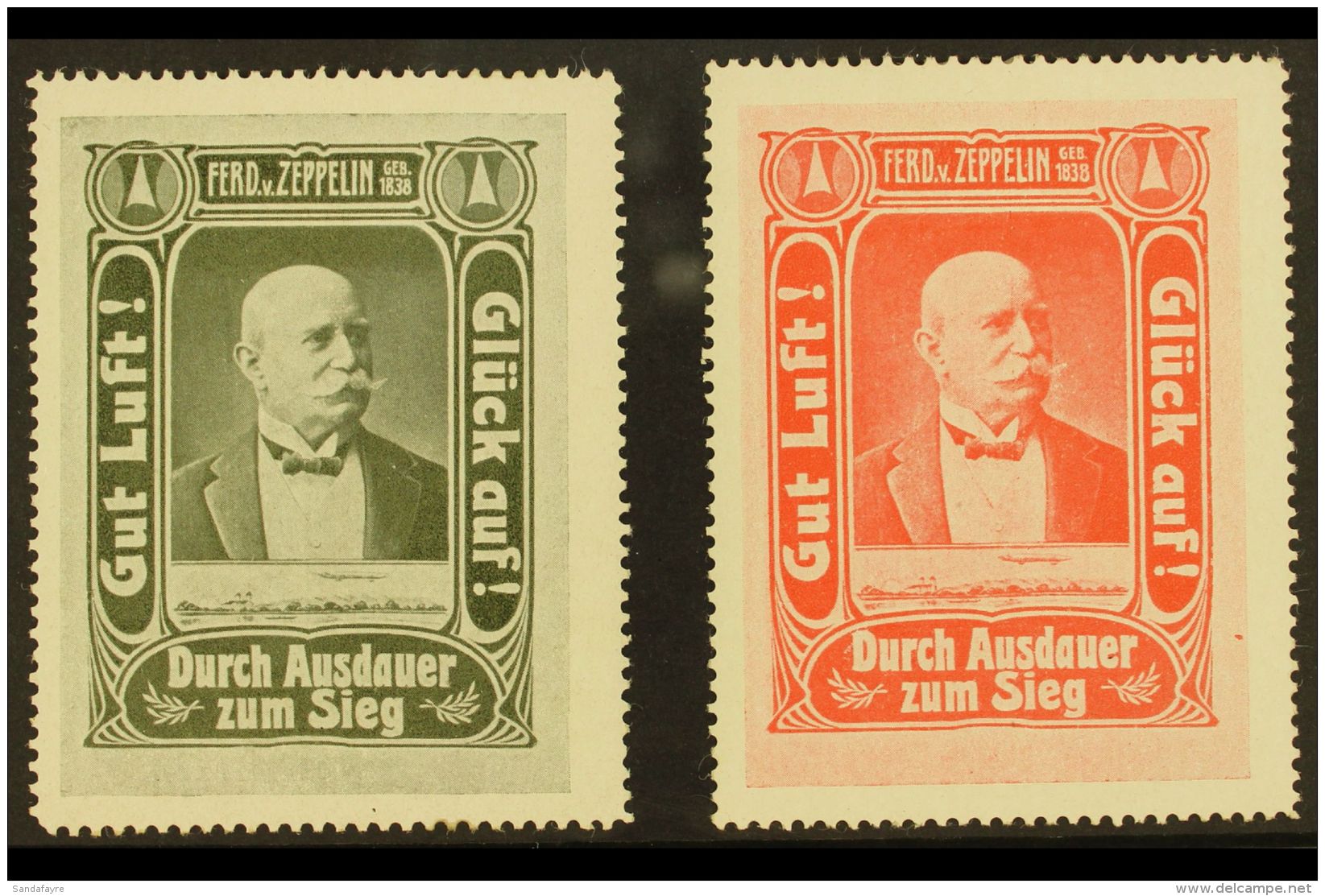 RARE ZEPPELIN LABELS. Circa 1908 Two Different Labels Depicting Ferdinand Von Zeppelin Above An Image Of An... - Other & Unclassified