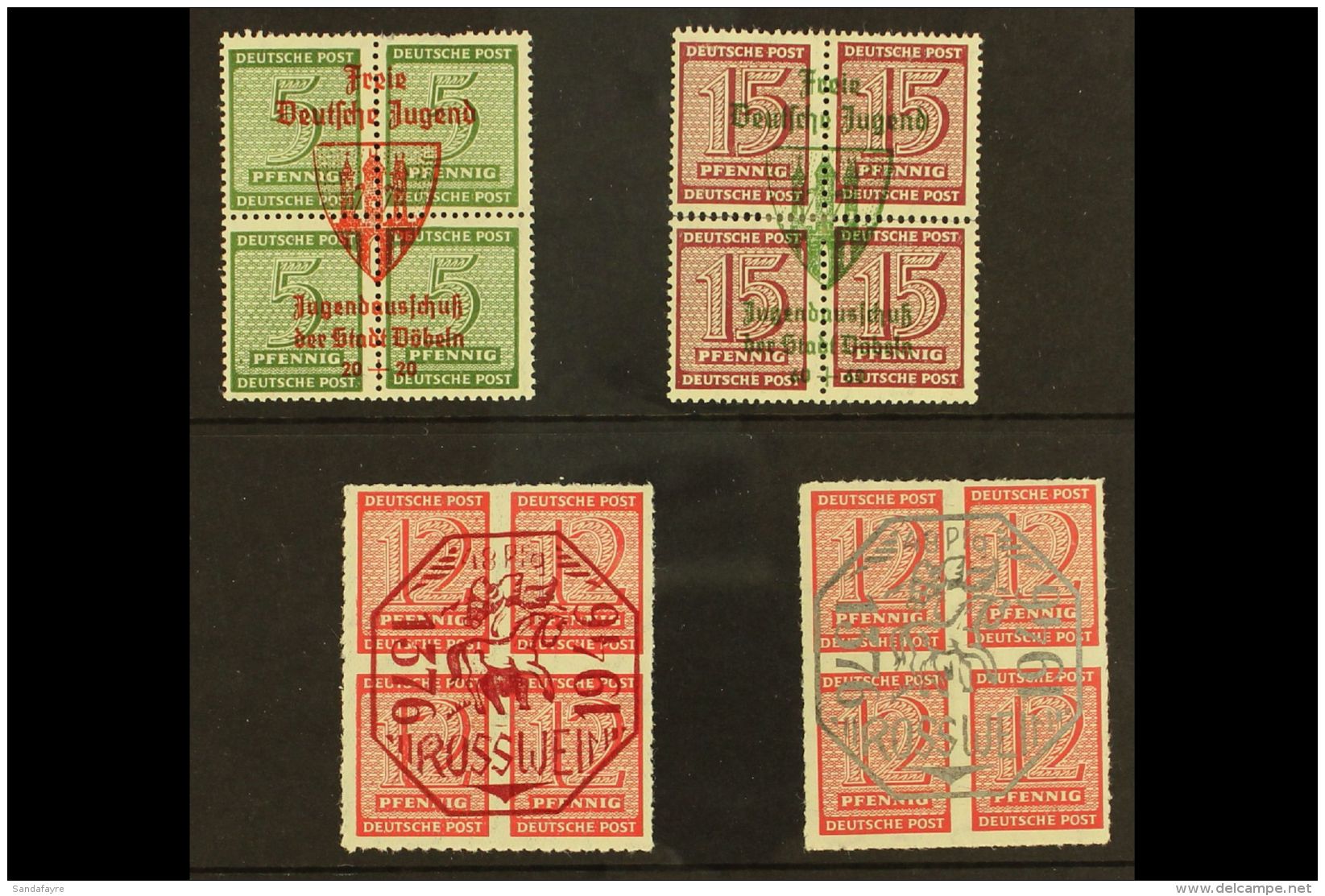 UNOFFICIAL ISSUES FOR DOBELN AND ROSSWEIN 1946 Overprinted West Saxony Blocks Of Four For Dobeln (Michel 2 &amp;... - Andere & Zonder Classificatie