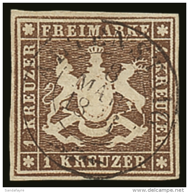 WURTTEMBERG 1859 1kr Deep Brown Imperf, Without Thread, Mi 11b, Superb Cds Used With Full Central Cancel. Cat... - Other & Unclassified