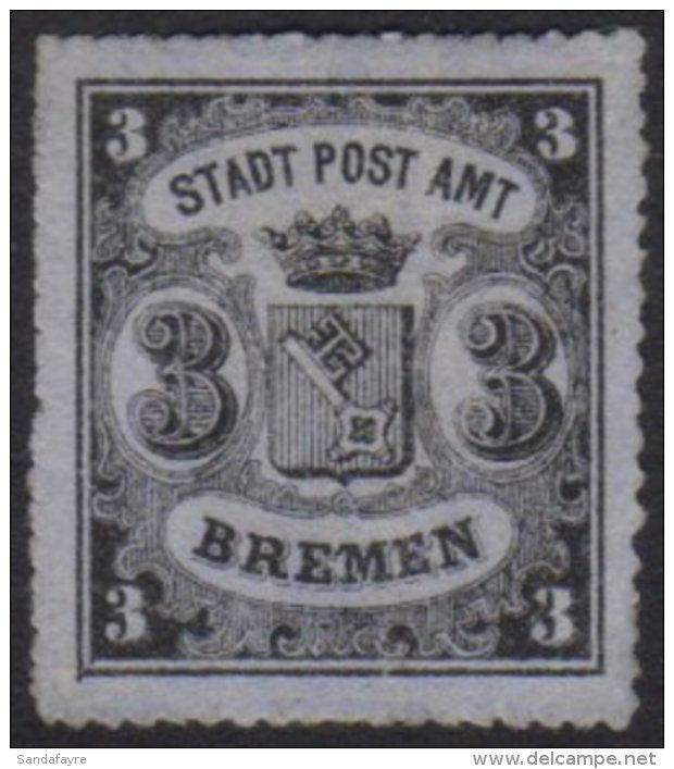 BREMEN 1864 3Gr Black On Blue Grey, Vertically Laid Paper, Rouletted 16, Michel 6x, Very Fine Unused, Signed... - Other & Unclassified