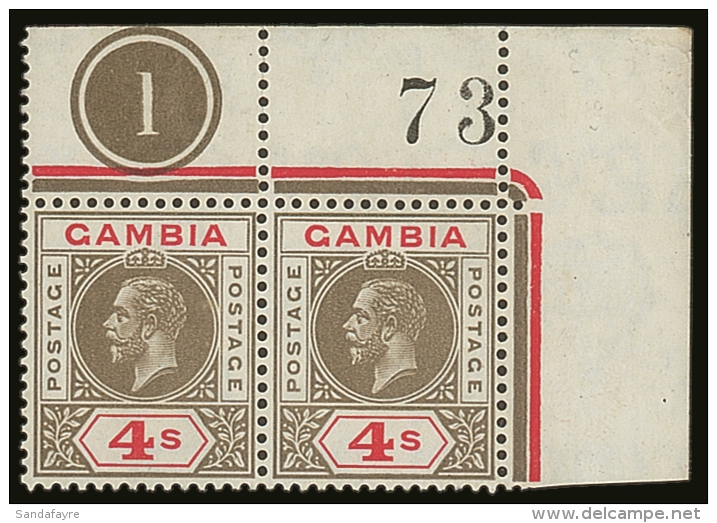 1922 4s Black And Red With WATERMARK INVERTED (SG 117w) A Spectacular Pair From The Upper- Right Corner Showing... - Gambie (...-1964)