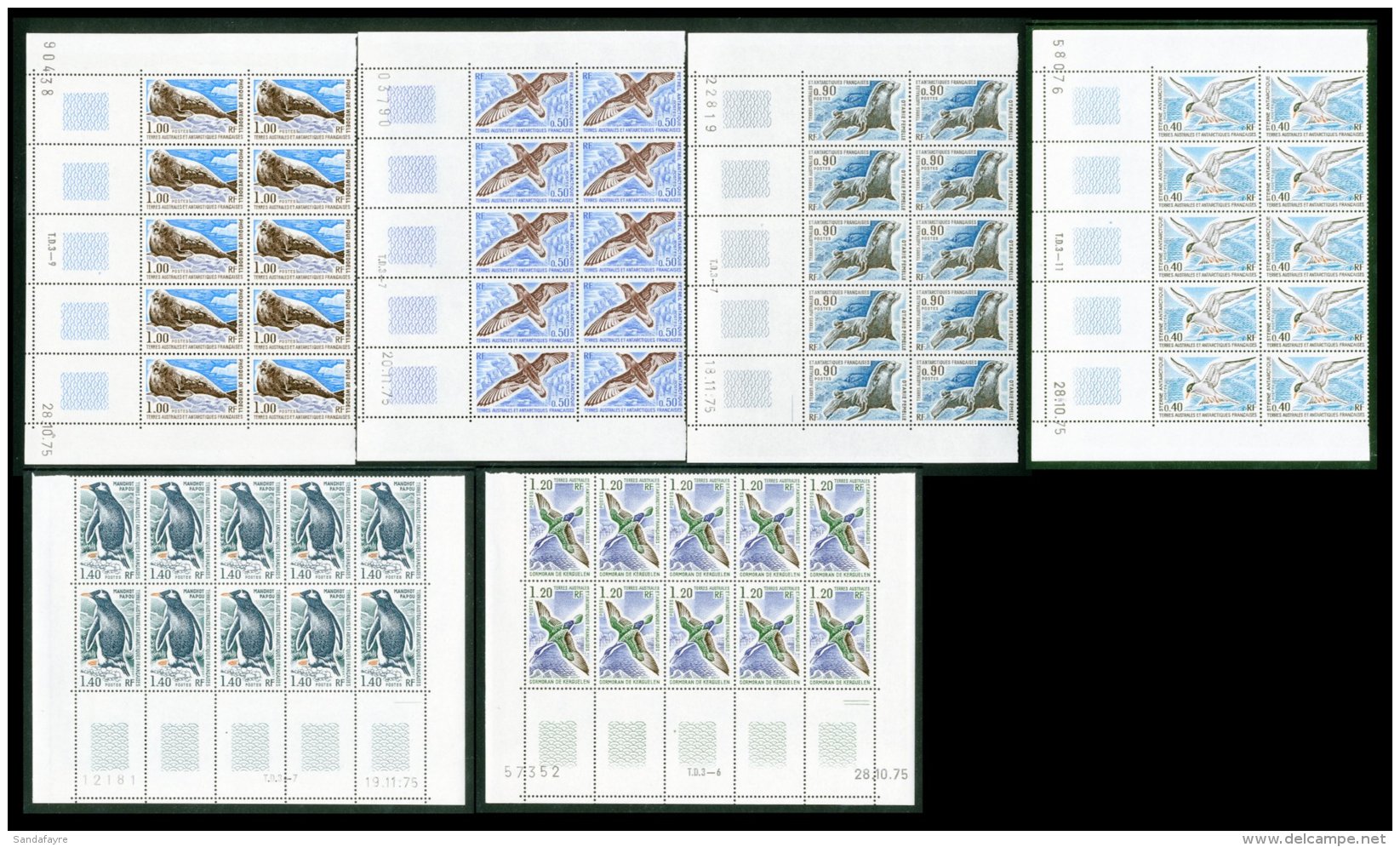 TAAF 1976 Wildlife Set Complete, Yv 55/60, In Superb NHM Bottom Margin Blocks Of 10 With Plate  Numbers And Corner... - Other & Unclassified