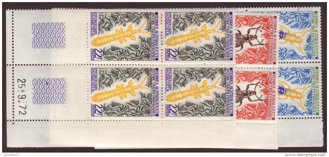 TAAF 1973 Insects Complete Set, Yv 49/51, In Superb Never Hinged Mint Corner Date Blocks Of Four. (12 Stamps) For... - Other & Unclassified