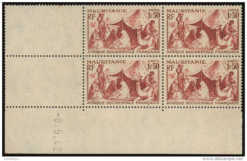 MAURITANIA 1942 1fr 50 Brown Red Bedouin Camp, Yv 112A, Superb NHM Dated Corner Block Of 4 (lightly Hinged On... - Other & Unclassified