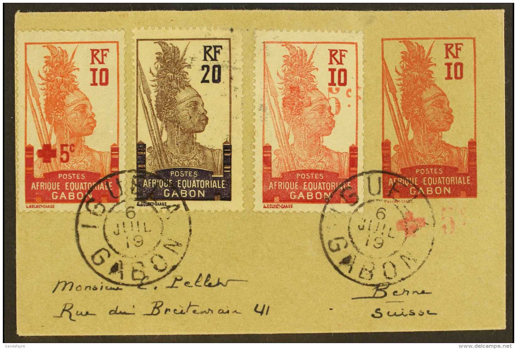 GABON 1919 10c Stationery Envelope With Red Cross 5c Surcharge, Uprated With 20c And Two 10c +5c Red Cross... - Other & Unclassified
